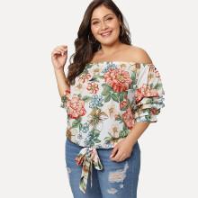 Shein Plus Off Shoulder Knot Flower Print Top