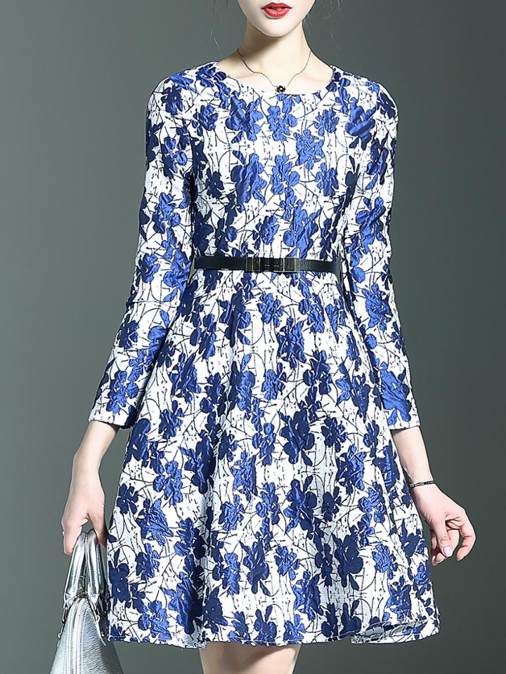 Shein Blue Belted Pockets Leaves Jacquard A-line Dress