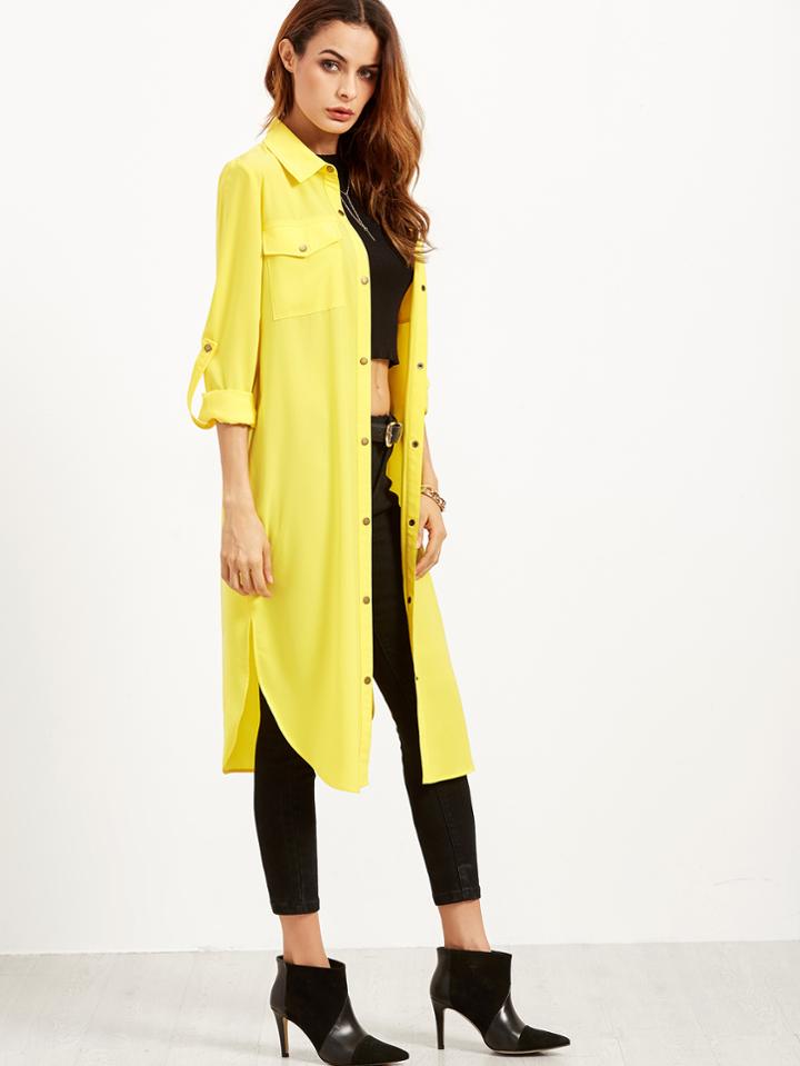Shein Yellow Roll Tab Sleeve Button Up Duster Coat
