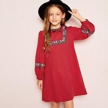 Shein Girls Embroidered Tape Detail Balloon Sleeve Dress