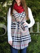 Shein Plaid Shawl Collar Belted Sleeveless Coat