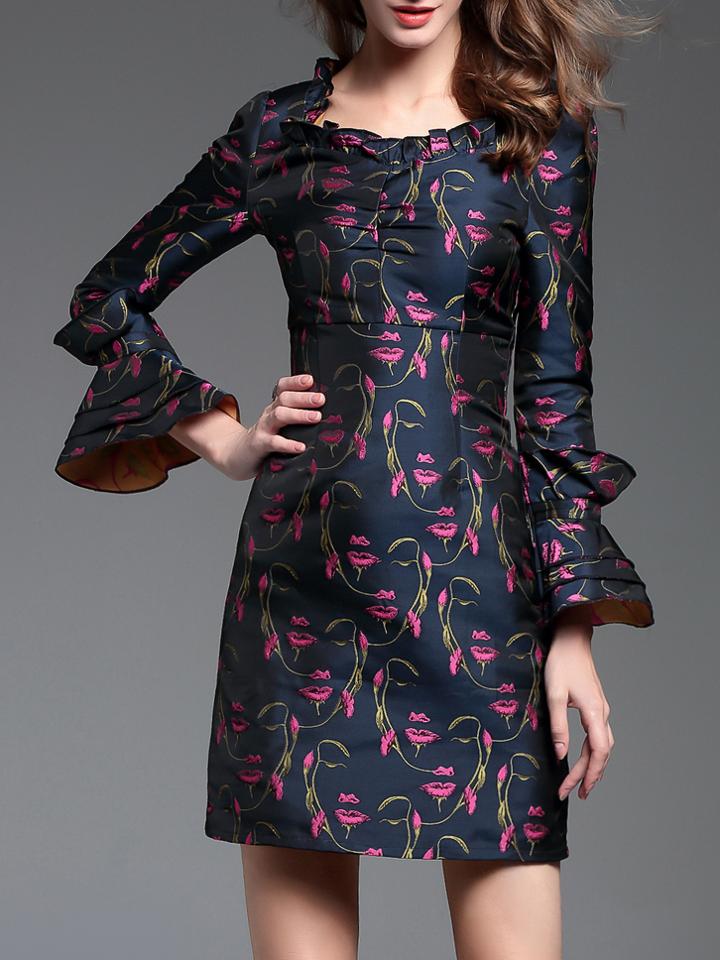 Shein Navy Bell Sleeve Flowers Jacquard Dress