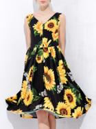 Shein Black V Neck Backless Sunflowers Print Dress