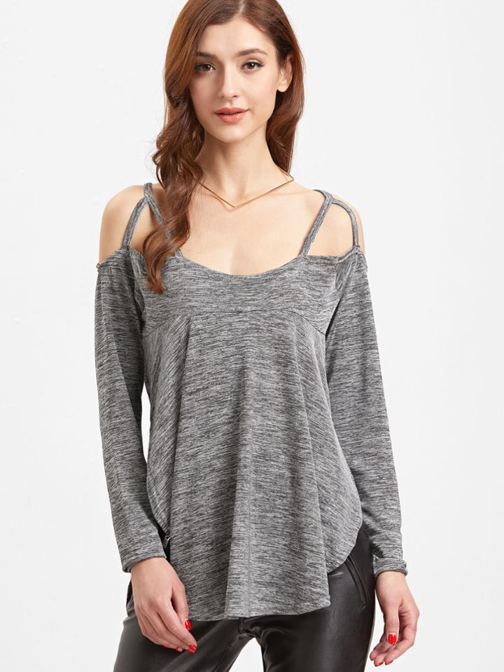 Shein Heather Grey Cold Shoulder Slit Side Curved Hem T-shirt