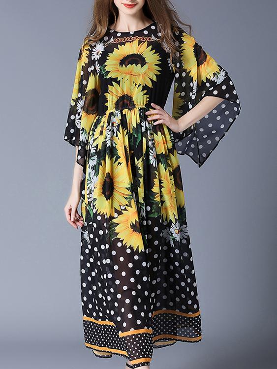 Shein Black Sunflowers Polka Dot Dress