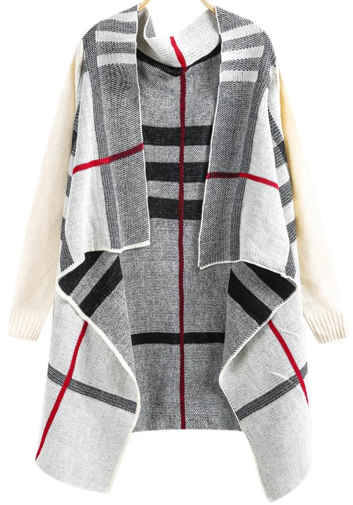 Shein White Long Sleeve Plaid Knit Cardigan