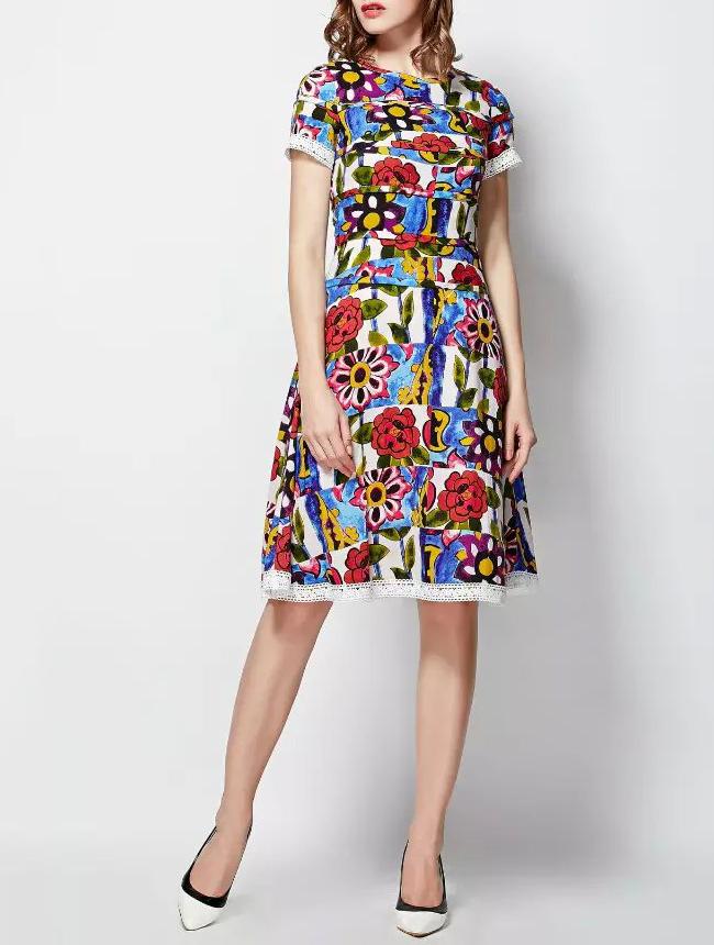 Shein Blue Round Neck Short Sleeve Floral Print Dress