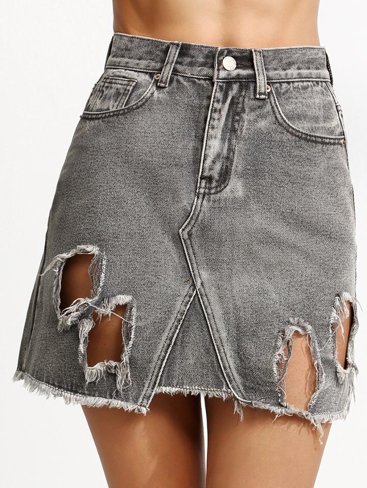Shein Grey Ripped High Waist A Line Denim Skirt