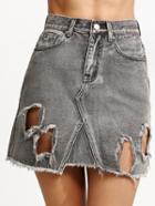 Shein Grey Ripped High Waist A Line Denim Skirt