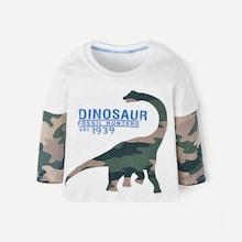 Shein Toddler Boys Contrast Sleeve Letter & Dinosaur Print Tee