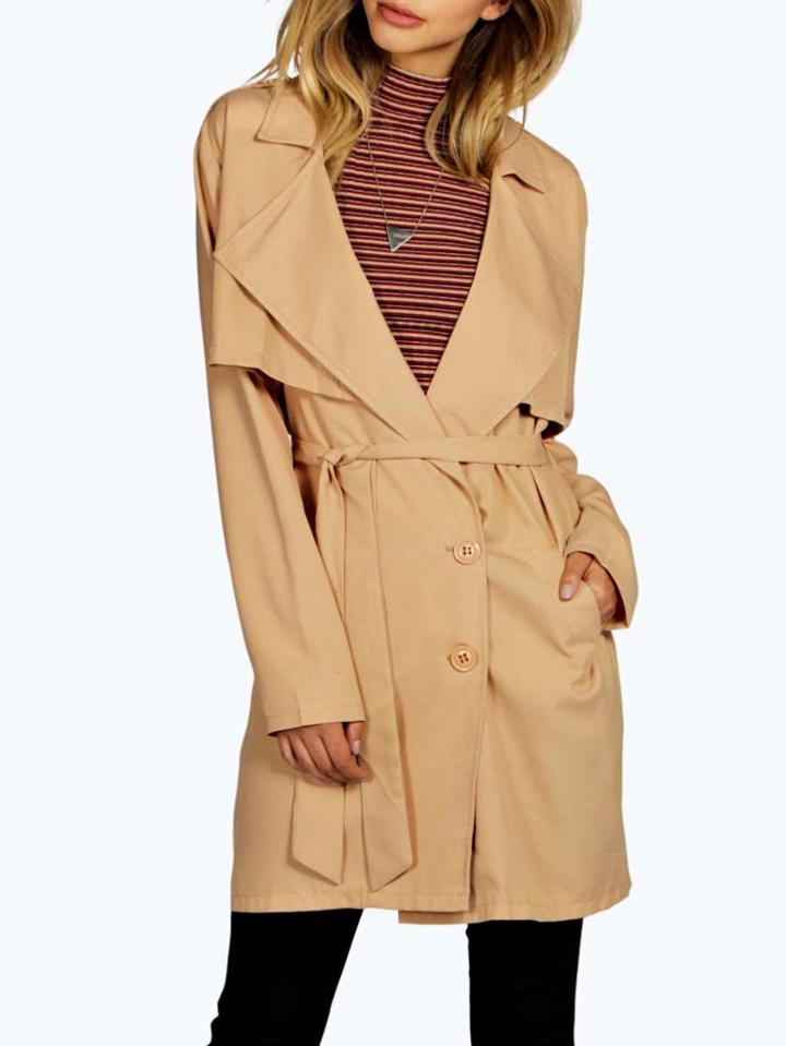 Shein Khaki Lapel Buttons Belt Long Coat
