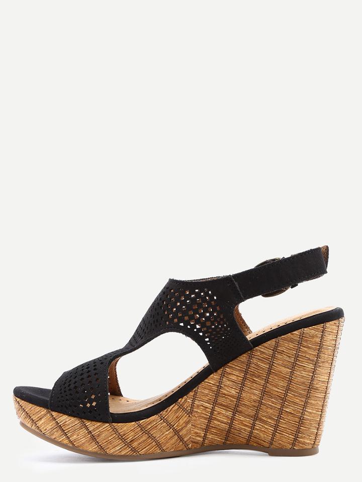 Shein Black Laser Cut T-strap Wedge Sandals