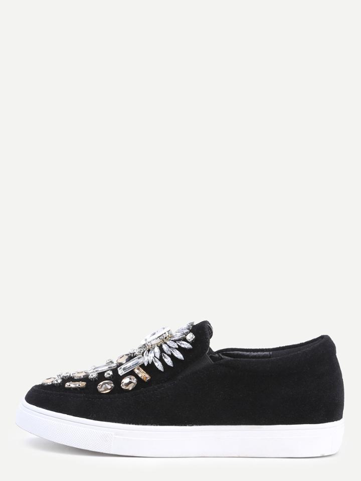 Shein Black Faux Suede Elastic Crystal Embellished Flats
