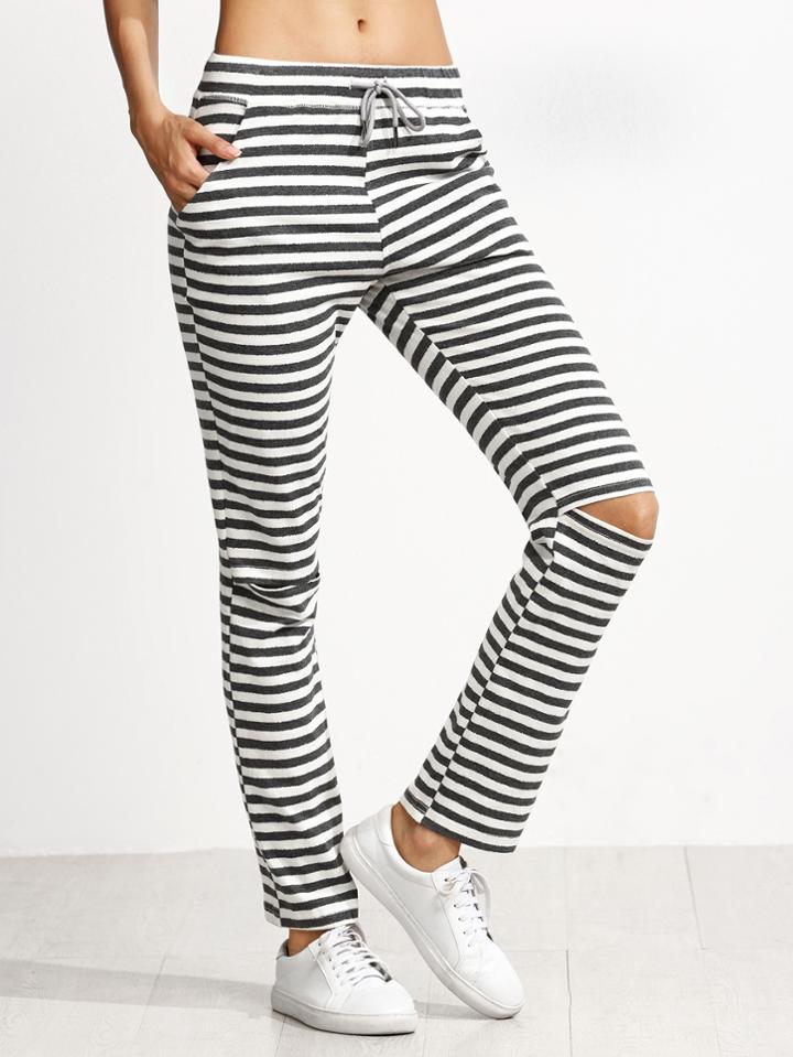 Shein Grey And White Striped Knee Ripped Drawstring Jersey Pants