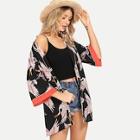 Shein Contrast Cuff Crane Bird Print Kimono