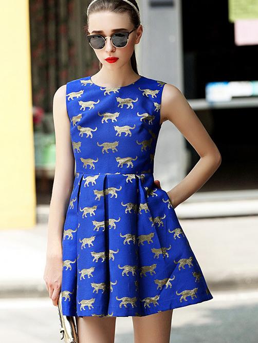 Shein Blue Round Neck Sleeveless Print Pockets Dress