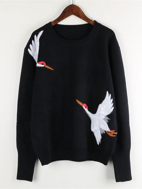 Shein Crane Bird Embroidered Jumper