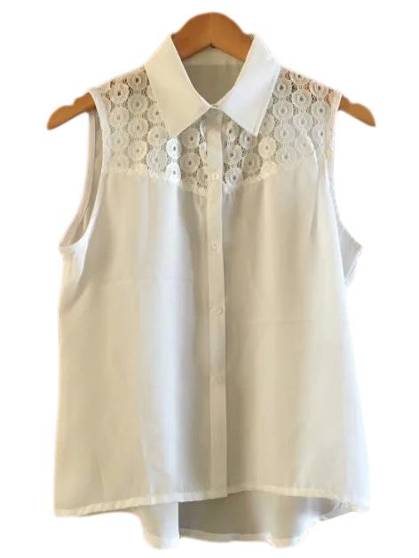 Shein White Buttons Front Lace Splicing Chiffon Blouse