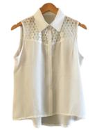 Shein White Buttons Front Lace Splicing Chiffon Blouse