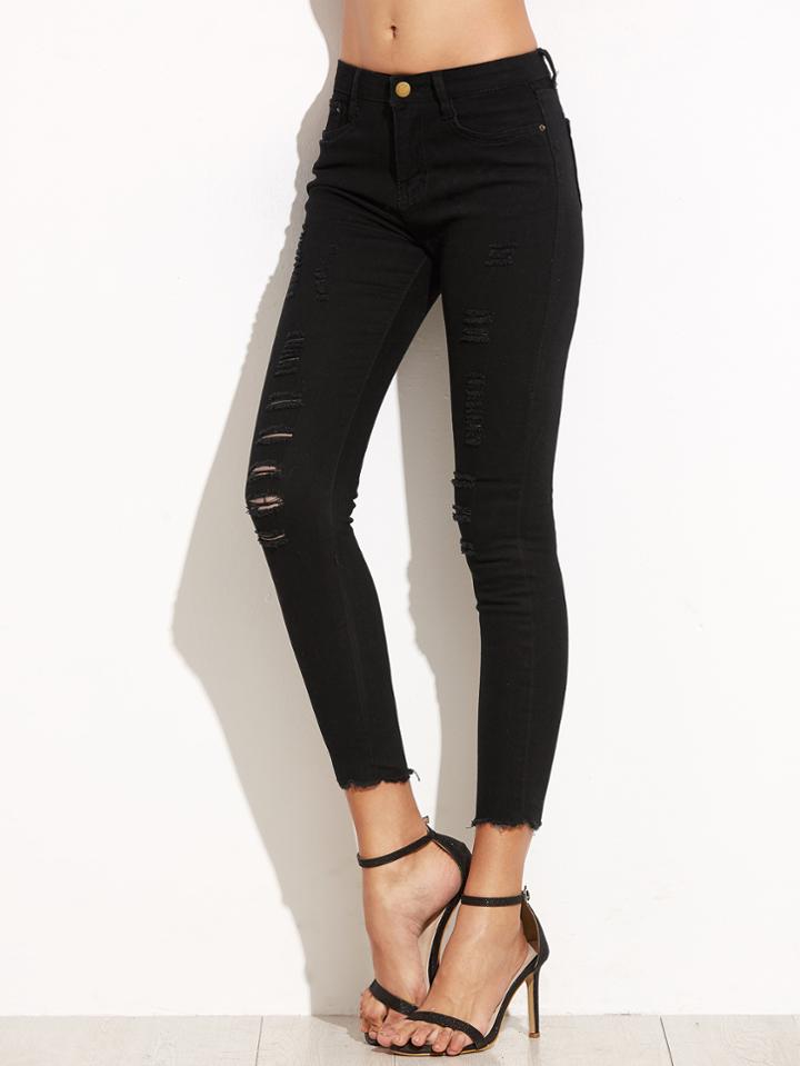 Shein Black Ripped Raw Edge Skinny Jeans