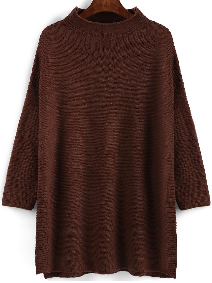 Shein Camel Mock Neck Split Loose Sweater