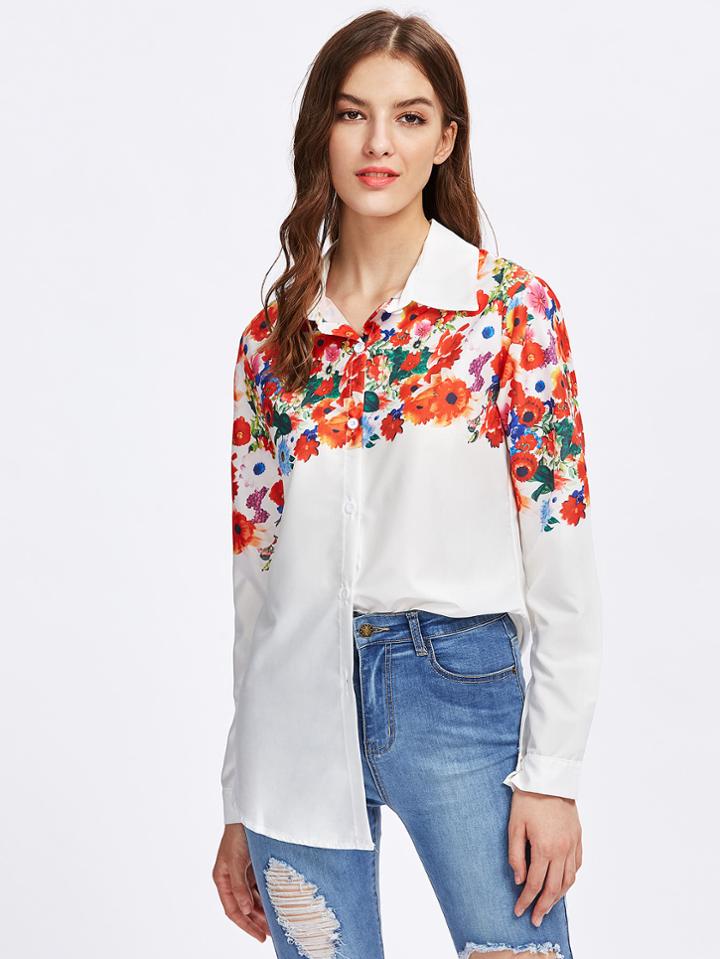 Shein Florals Curved Hem Shirt