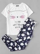 Shein Cat Print Tee And Pants Pajama Set