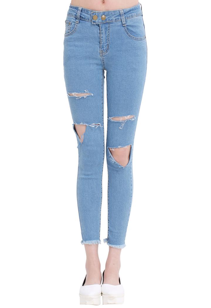 Shein Blue Slim Ripped Fringe Denim Pant