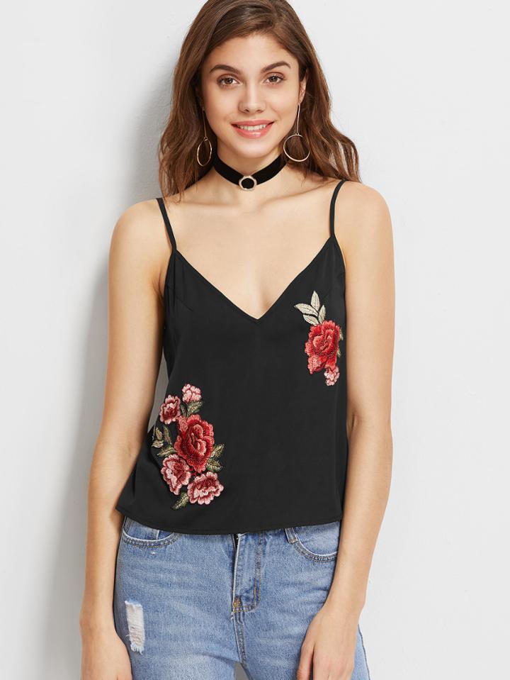 Shein Black Double V Neck Cami Top With Embroidered Patch