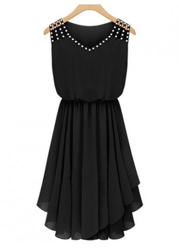 Rosewe Chiffon Solid Black Rhinestone Embellished Dress