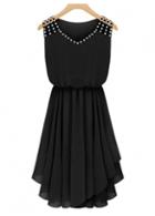 Rosewe Chiffon Solid Black Rhinestone Embellished Dress