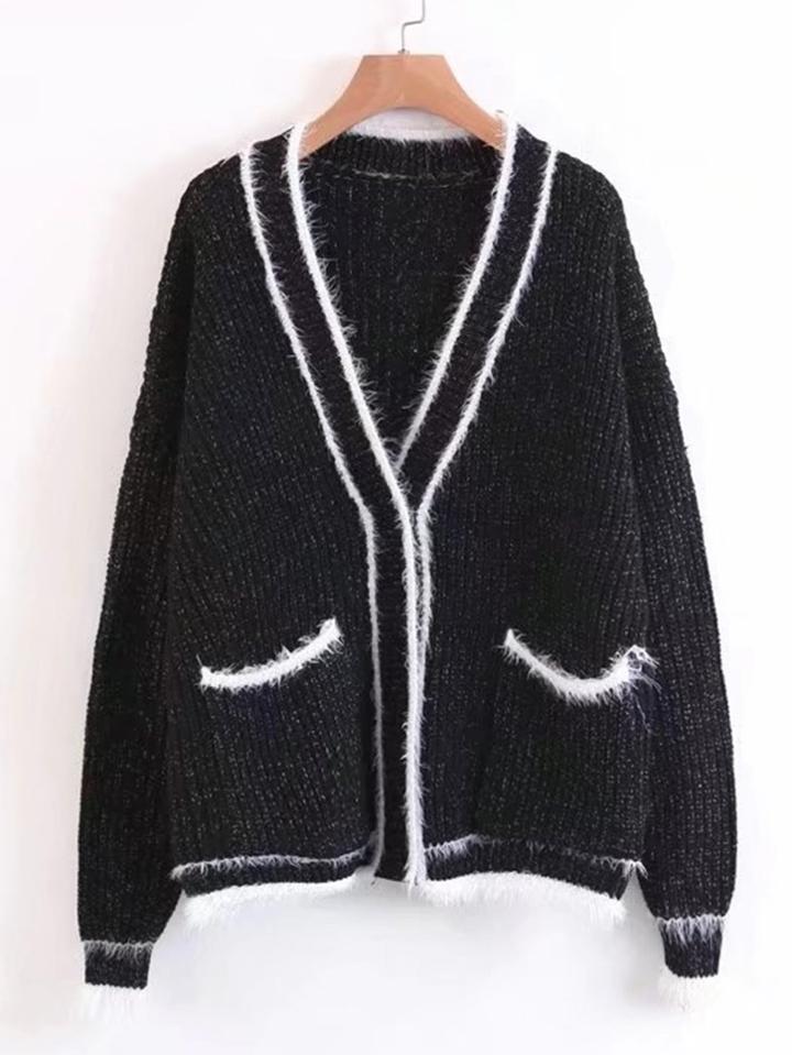 Shein Contrast Faux Fur Trim Button Cardigan