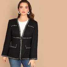 Shein Plus Contrast Trim Hook & Eye Closure Tweed Coat