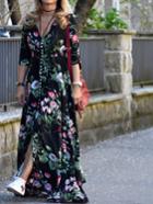 Shein Calico Print Drawstring Button Front Maxi Dress
