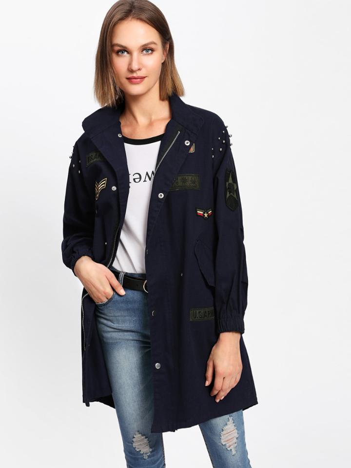 Shein Beaded Patched  Drawstring Waist Jacket