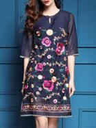Shein Blue Hollow Flowers Embroidered Shift Dress