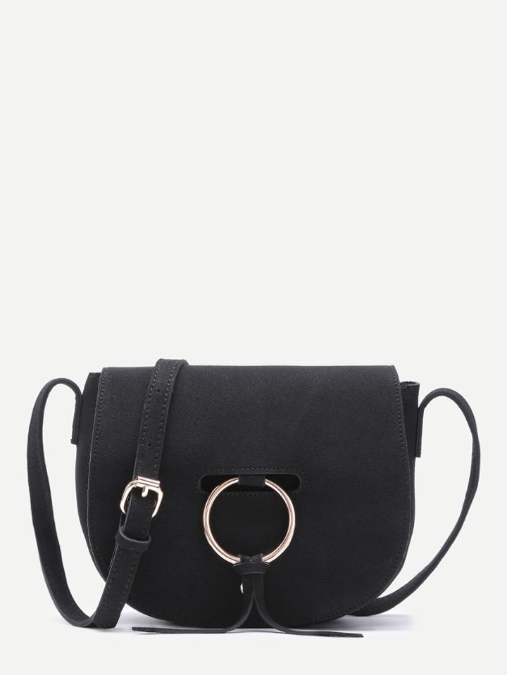 Shein Black Nubuck Leather Metal Ring Flap Saddle Bag