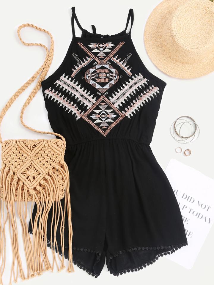 Shein Aztec Embroidered Elastic Waist Cami Romper