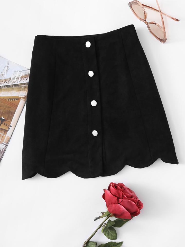 Shein Scallop Hem Single Breasted Suede Skirt