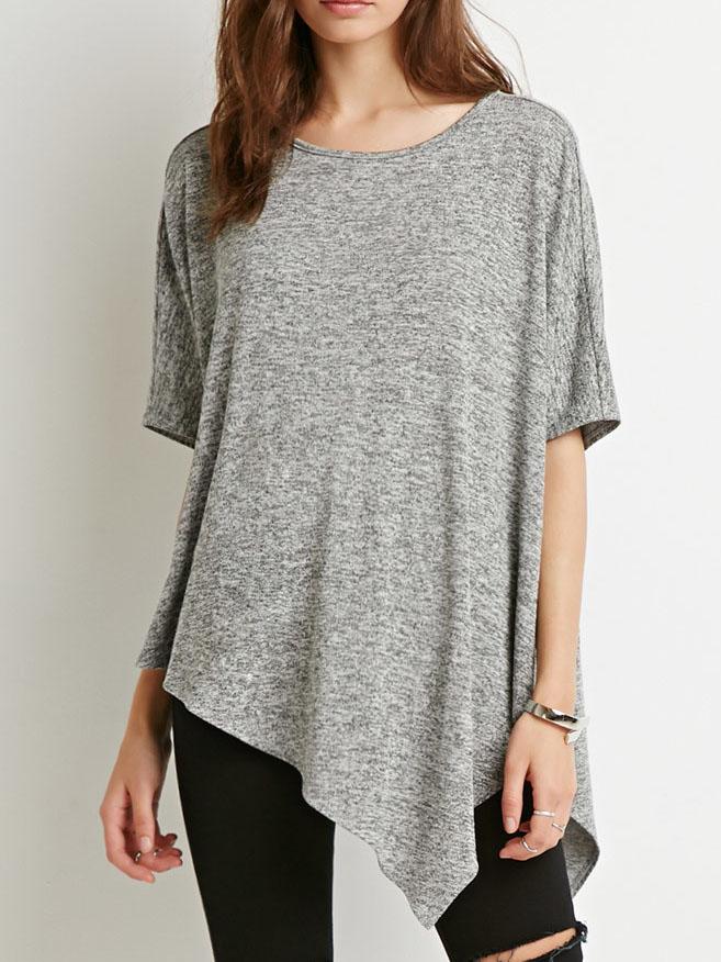 Shein Grey Round Neck Asymmetrical Loose T-shirt