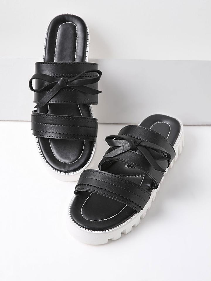 Shein Black Contrast Sole Slip On Sandals With Bow