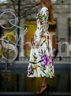 Shein White Long Sleeve Flowery Floral Pastel Dress