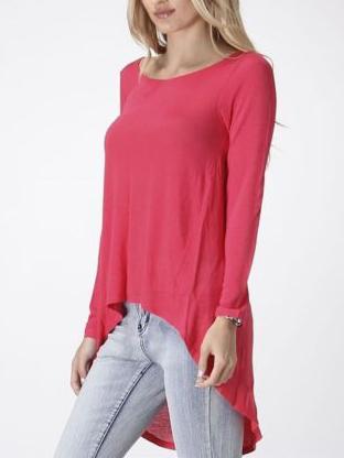 Shein Rose Red Round Neck Dip Hem Casual T-shirt