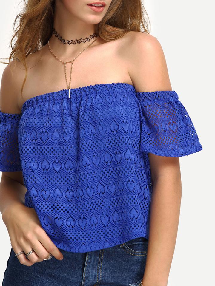 Shein Off-the-shoulder Hollow Out Lace Blouse - Blue