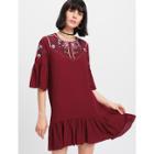 Shein Ruffle Sleeve Embroidered Drop Waist Dress