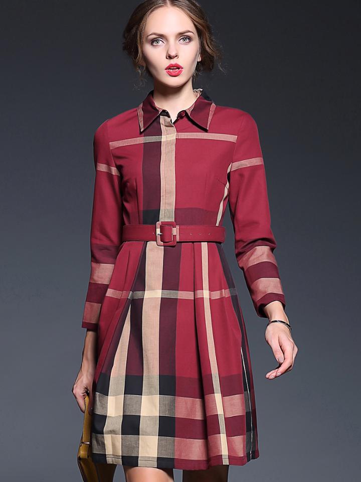 Shein Win Red Lapel Long Sleeve Drawstring Dress