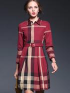 Shein Win Red Lapel Long Sleeve Drawstring Dress
