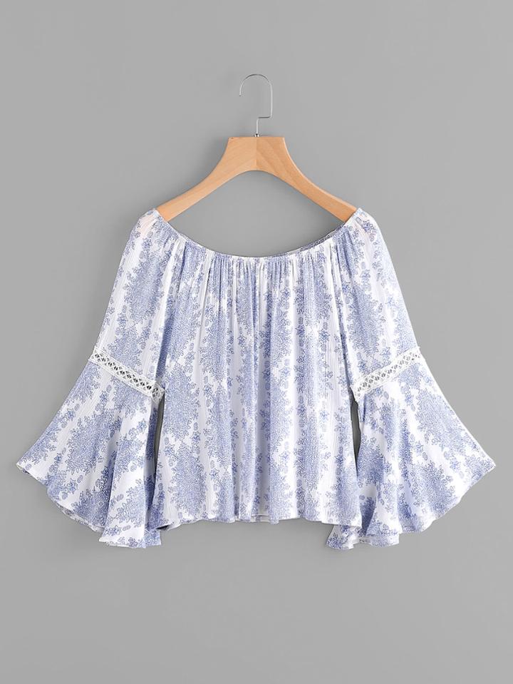 Shein Crochet Insert Bell Sleeve Vintage Print Top
