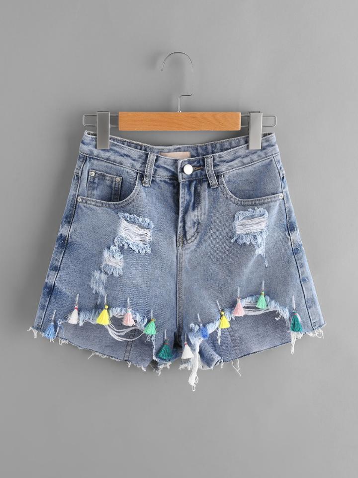 Shein Ripped Frayed Hem Denim Shorts With Colorful Tassel