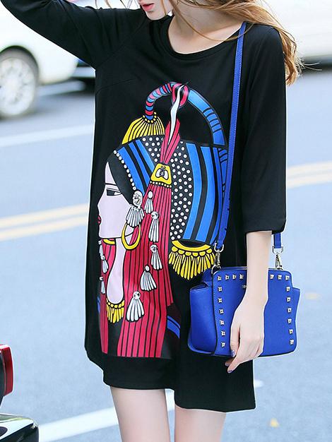 Shein Black Character Print Beading Shift Dress